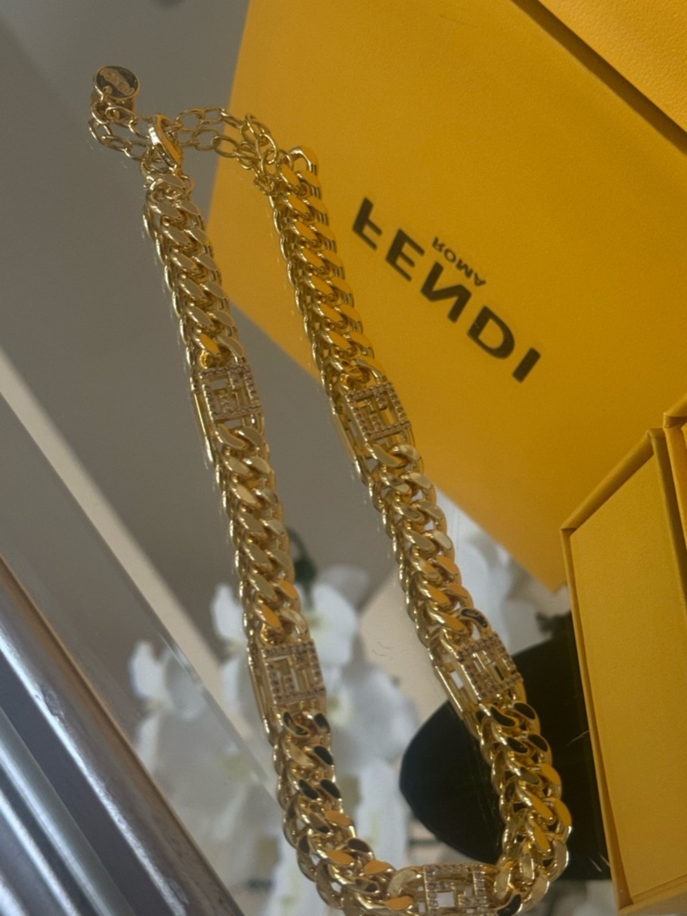 Fendi Gold Chain Necklace with Crystal-Embellished Links - Picture 3 of 14